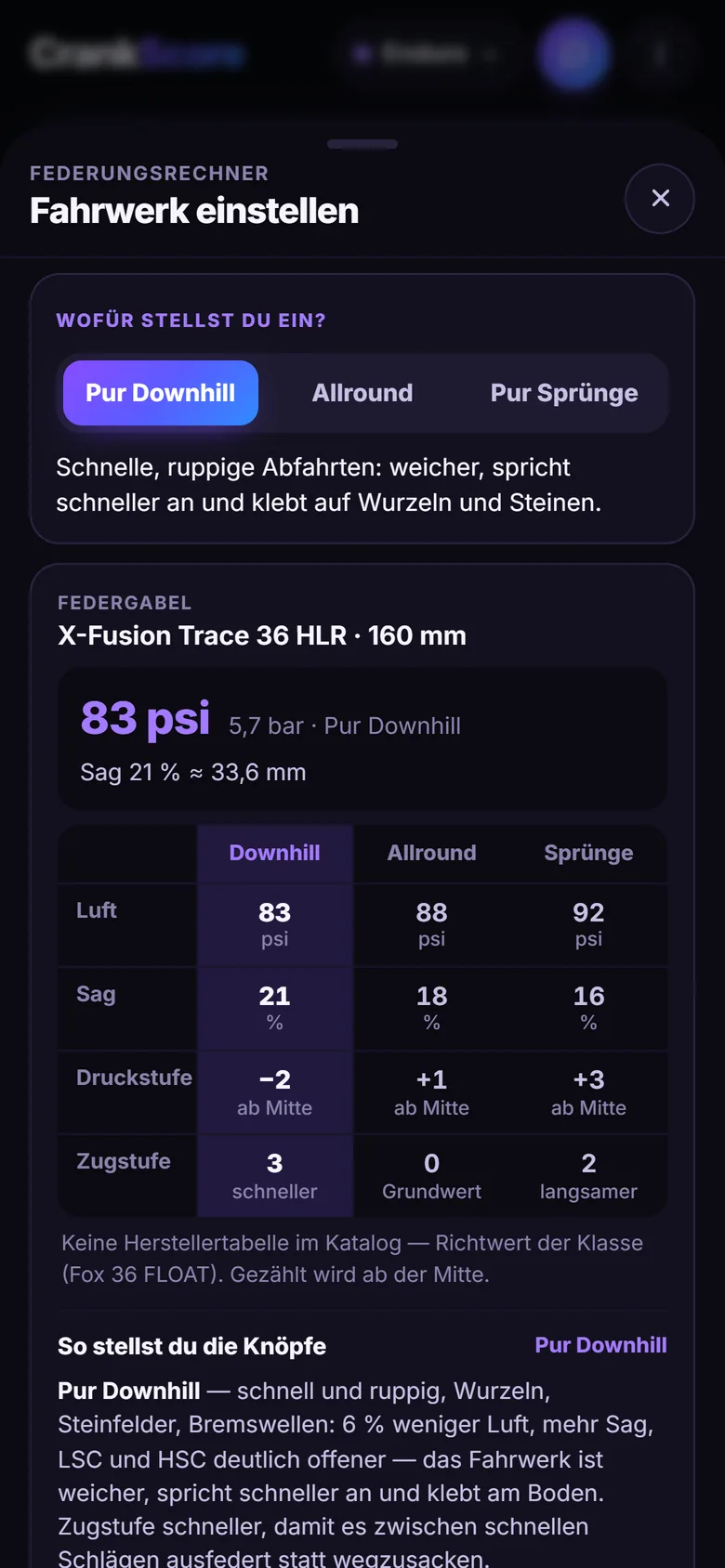Screenshot des Federungsrechners im Modus Pur Downhill: 83 psi, Sag 21 Prozent, Vergleich mit Allround und Pur Sprünge.