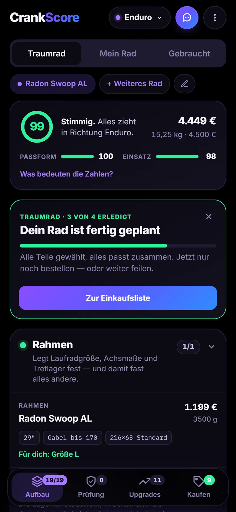 Screenshot der App: geplantes Enduro-Rad mit Wertung 99, Preis 4.449 Euro und der Meldung „Dein Rad ist fertig geplant“.